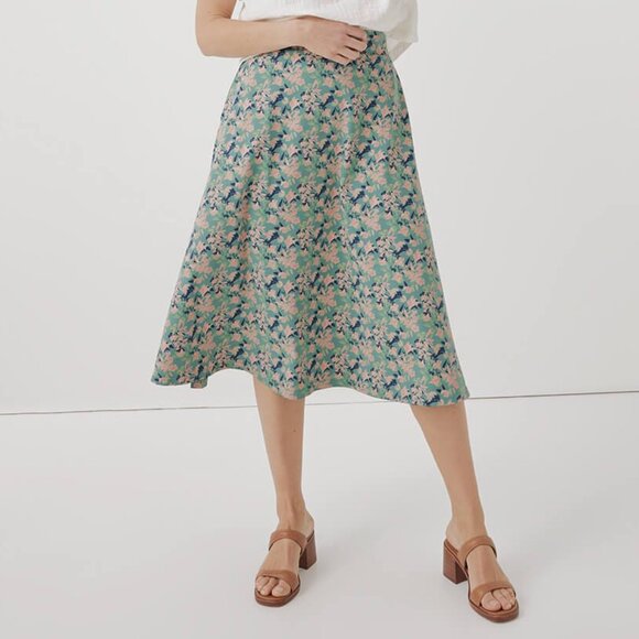 New Pact Stretch Cotton Floral Knit Midi Skirt Jade Green Pink Small - Picture 2 of 8